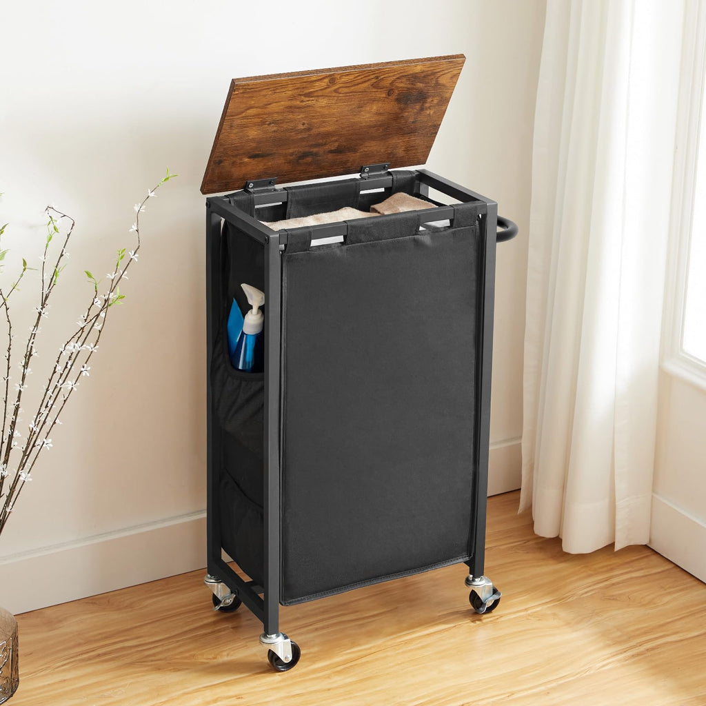 Slim Laundry Hamper with Lid, 11Gal Rolling Laundry Basket with Wheels, Laundry Sorter with Side Pockets and Handle