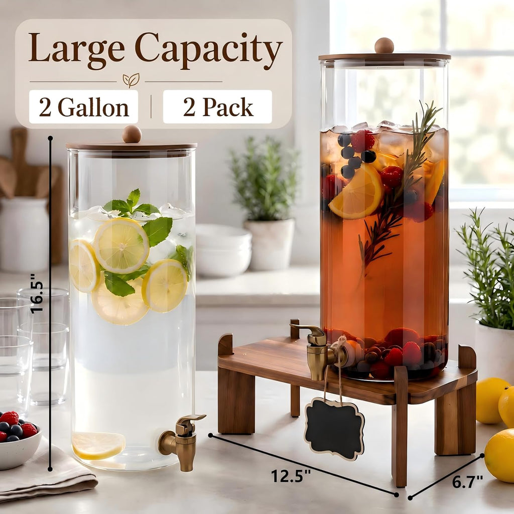 Gallon Glass Drink Dispenser with Spigot & Acacia Wood Stand & Lid - Set of 2
