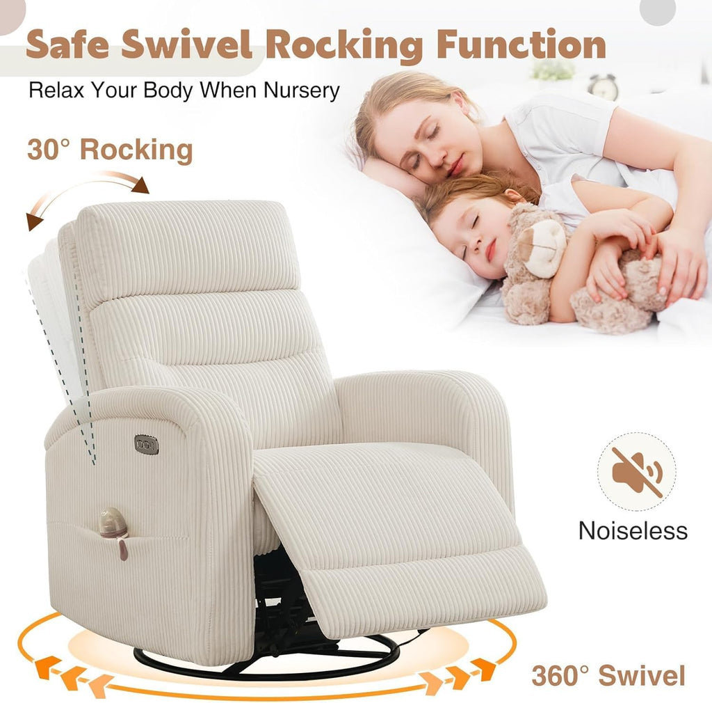 Power Swivel Rocker Recliner Chair,Nursery Glider Recliner,Cream White | 270° Swivel Rocker with Type-C & USB Port