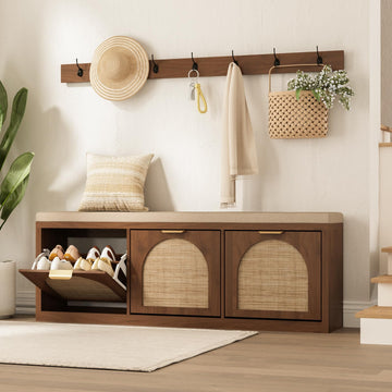 Rattan Narrow Entryway Bench with Shoe Storage, 3 Flip Drawers & Coat Rack, Mid-Century Modern Wood Shoe Cabinet with