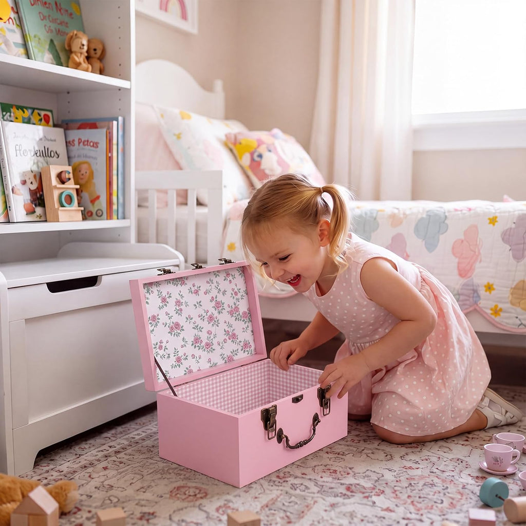 Pink Keepsake Box for Baby, Wooden Memory Storage for Newborns