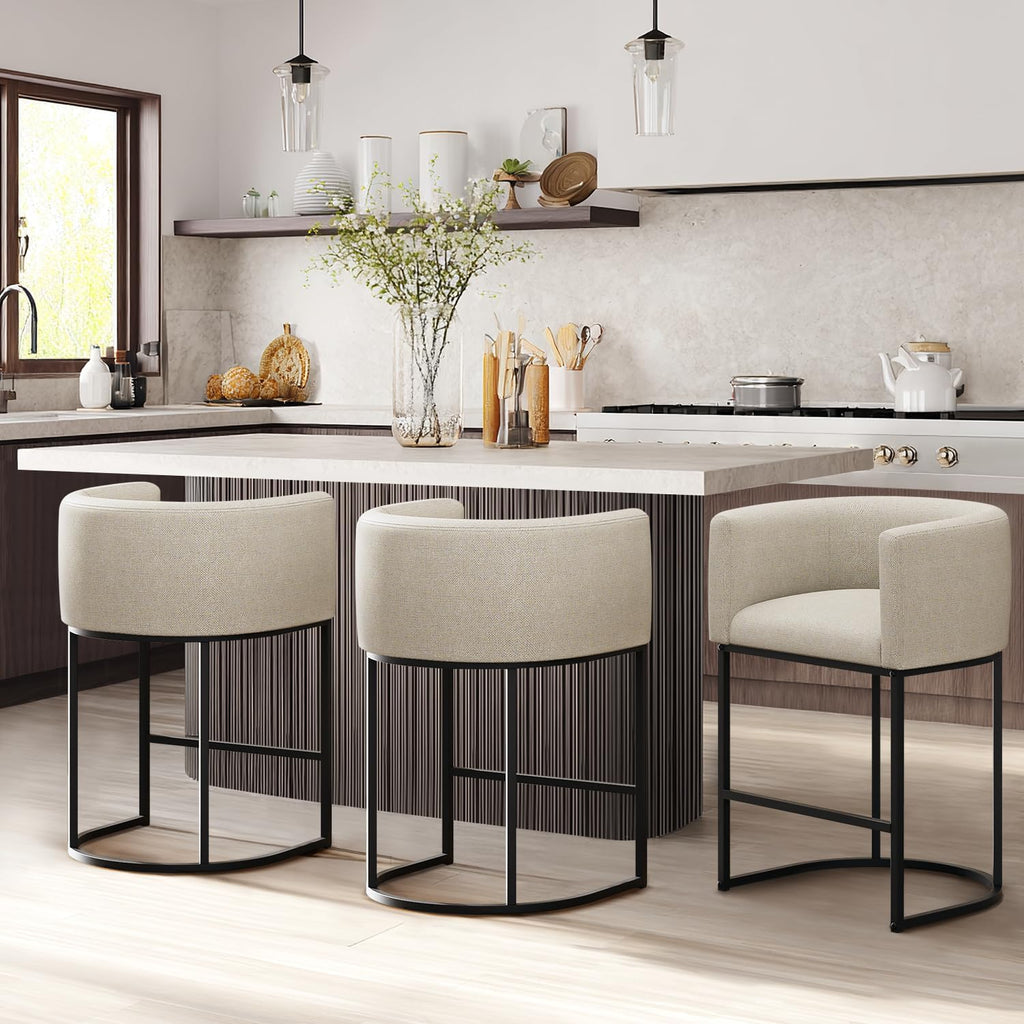 Counter Height Bar Stools Set of 2, 24 Inch Seat Height Barstools, Fabric Upholstered Bar Chair Island, Linen Counter