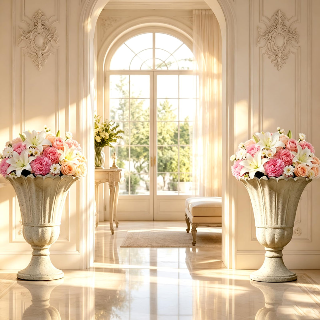 24" Tall Urn Planters for Outdoor Plants Set of 2 - Beige Petal