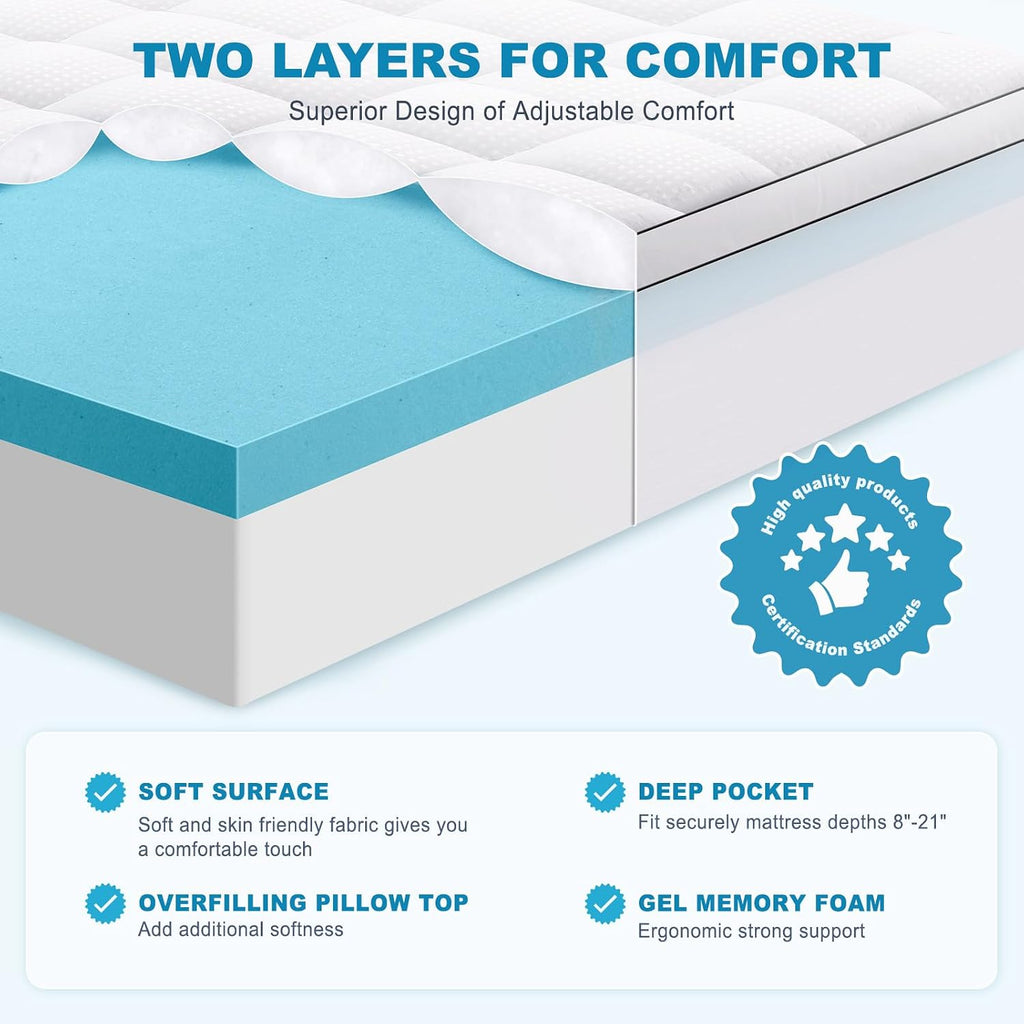 King Size Dual Layer 4 Inch Memory Foam Mattress Topper, 2 Inch Gel Memory Foam and 2 Inch Cooling Pillow Top