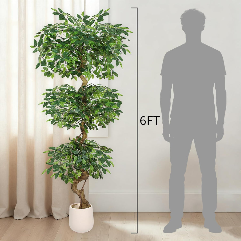 6FT Artificial Ficus Tree,Large Fake Tree with White Planter, Tall Faux Ficus Tree with Lifelike Leaves and Realistic