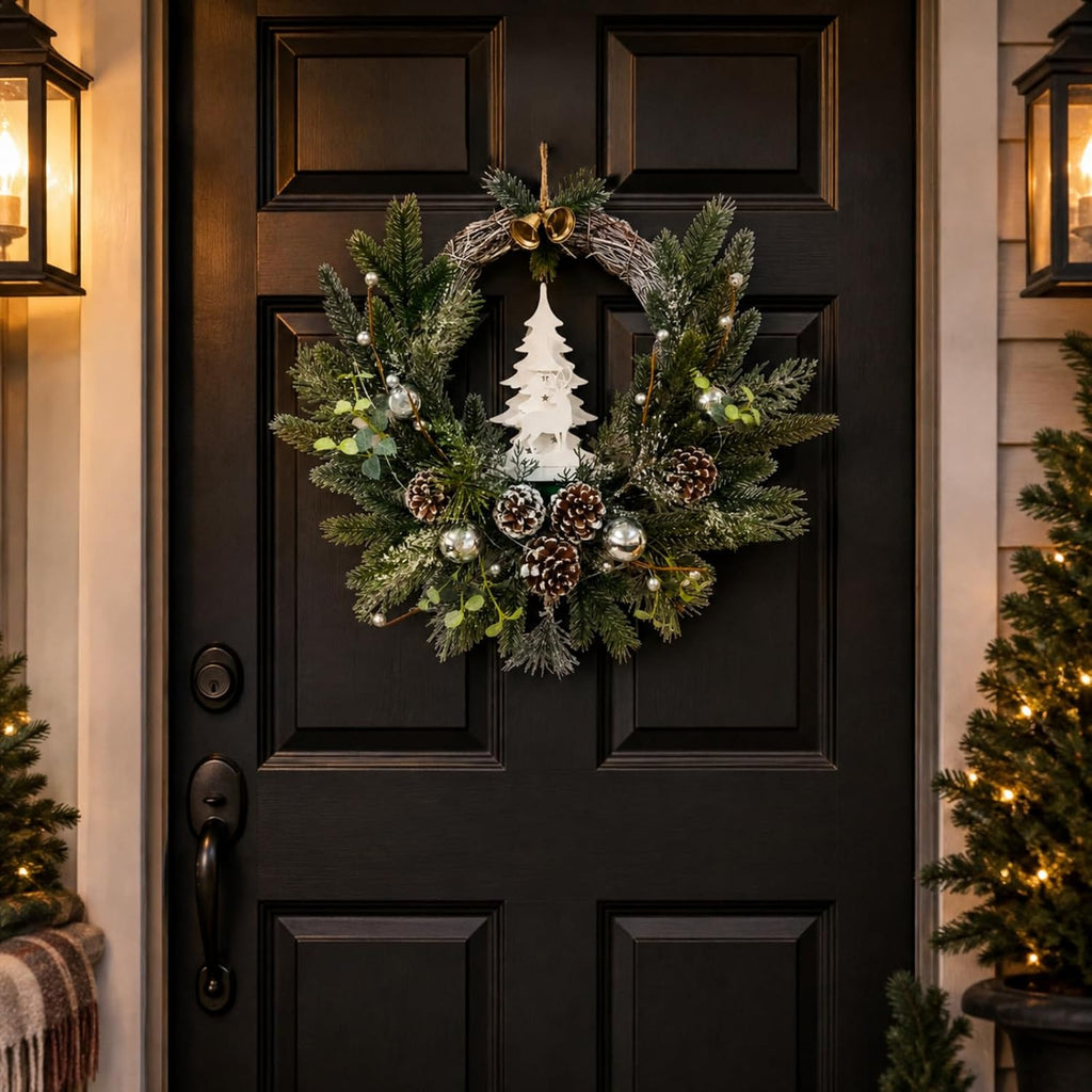 Flocked Christmas Wreath with Silver Ornaments Reindeer and Timer
