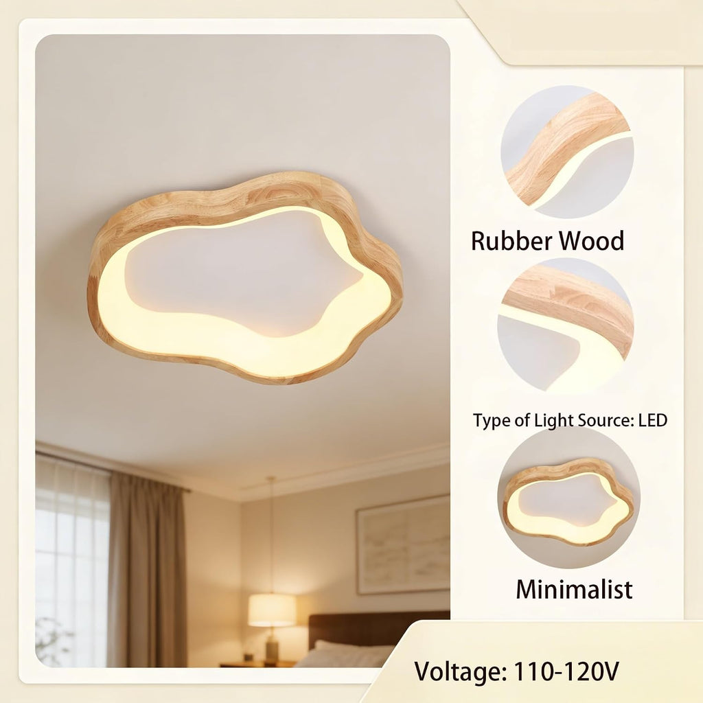 Wood Cloud Flush Mount Ceiling Light, Cream Shape Bedroom Lamp, Nordic Solid Wood Fixture, Kids Room, Hallway