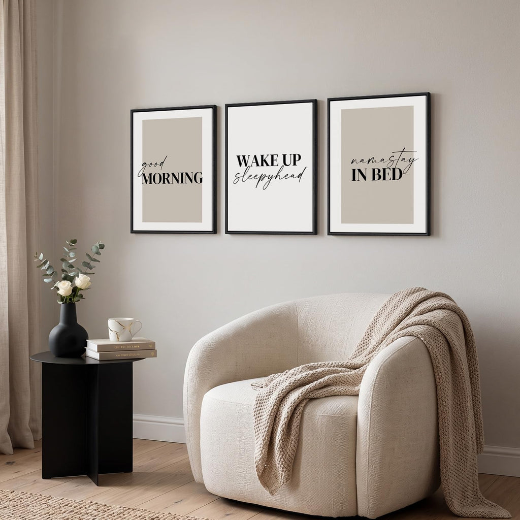 Framed Neutral 3 Piece Minimalist Canvas Wall Art Master Bedroom, 12x16 In