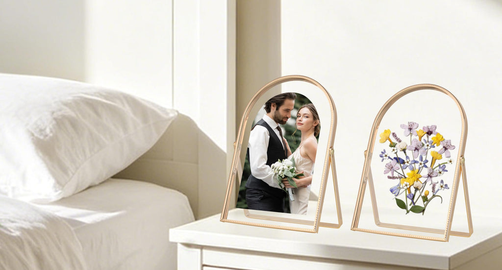 Gold 8x10'' Arched Floating Frame Set of 2, For Photo Sizes (5x7'', 6x8'', 7x9''), Beautiful Dry Flower Metal Beaded