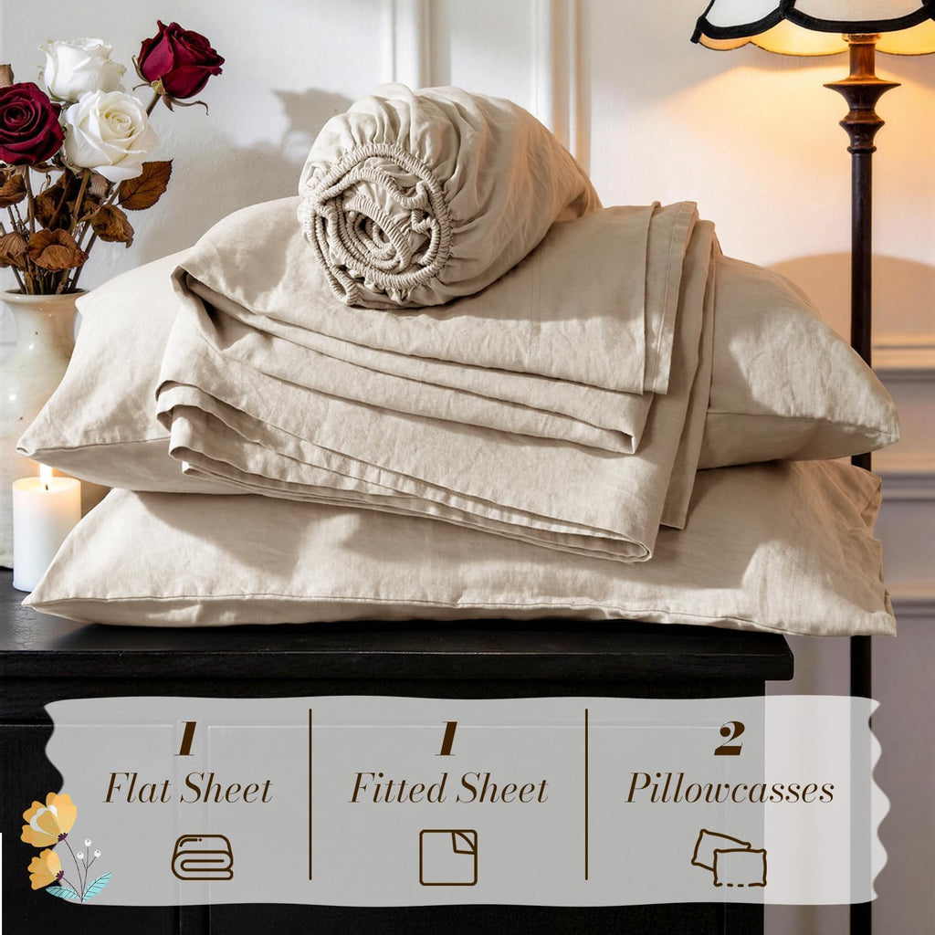 100% French Pure Linen Sheets, Breathable and Durable Linen King Sheets, Anti-Tear Linen Bed Sheets, Machine
