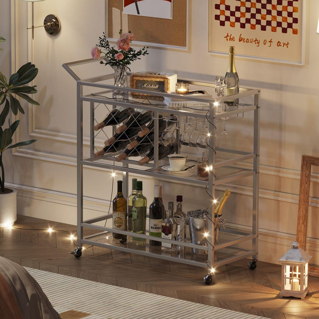 Bar Cart Silver, Bar Carts for The Home, Home Bar Serving Carts for Liquor, Rolling Wine Cart with 3 Tier Mirrored