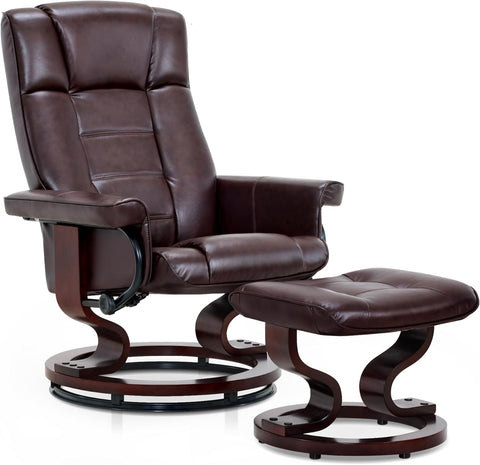 Modern Reclining Swivel Lounge Chair and Ottoman — Brown Faux Leather
