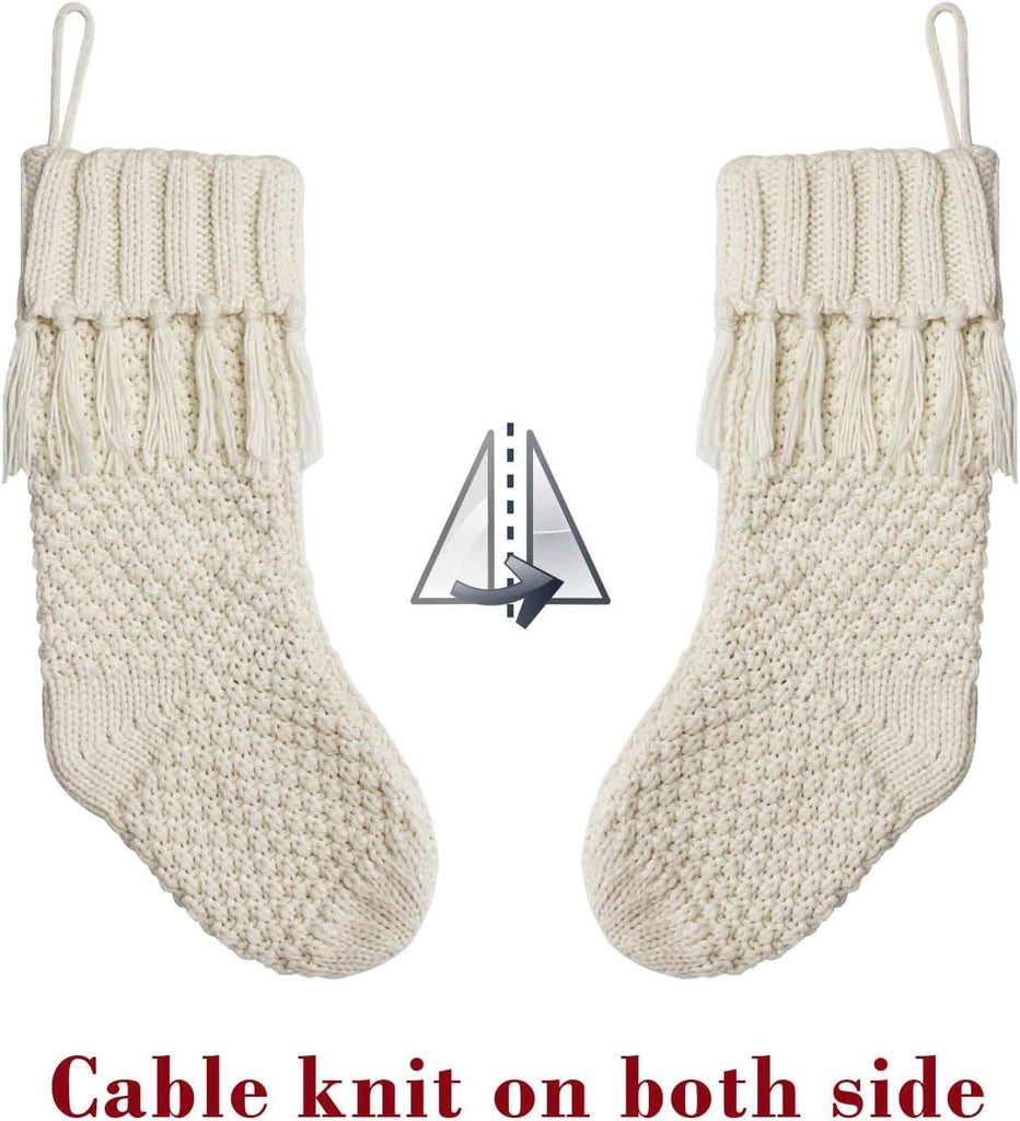 Cable Knit, 3 Pack 18 inches White Large Size Knitted Stockings, Rustic Christmas Ornaments Farmhouse Boho Style - Set of 3