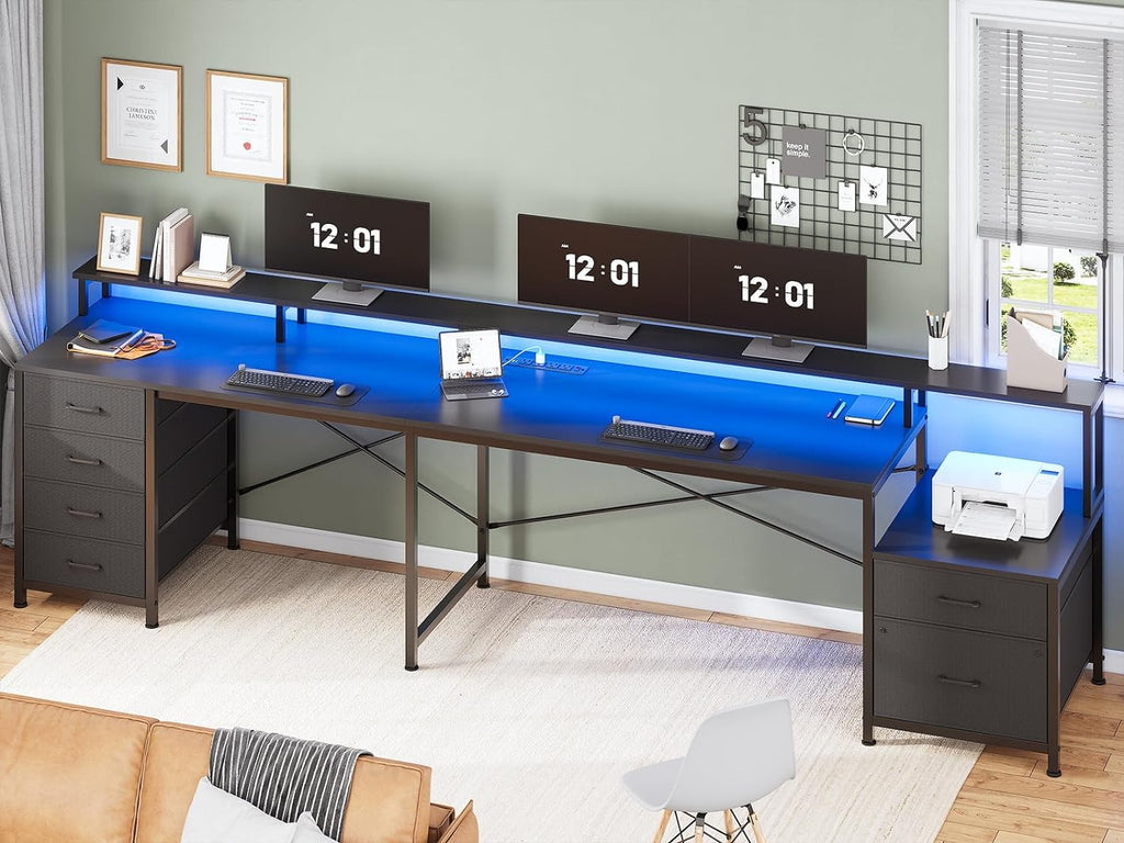 L Shaped Computer Desk with 6 Drawer, File Drawer & Power Outlet | 108" Corner Computer Desk with Monitor Shelf, File