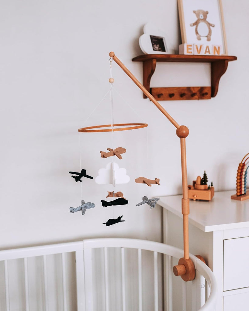 Baby Crib Mobile, Wooden Nursery Decor (Airplanes, Grey)