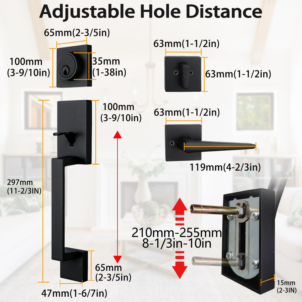 Front Double Door Traditional Style Keyed Entry Door Handleset with Lever Handle in Matte Black,(Keyed and Dummy