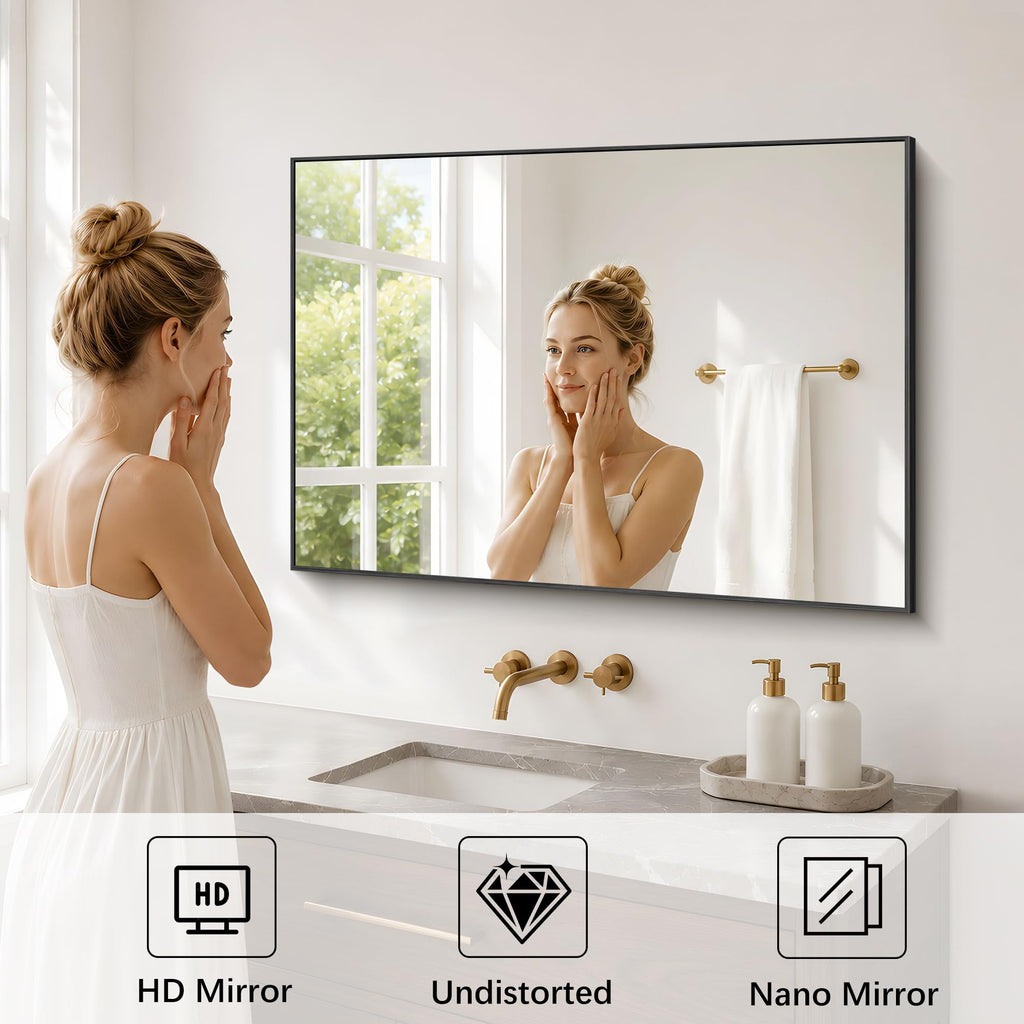 Black Bathroom Mirror for Wall, 30x40 Inch Rectangle Mirrors with Metal Frame, Modern Vanity Wall Mirror Decor Hangs
