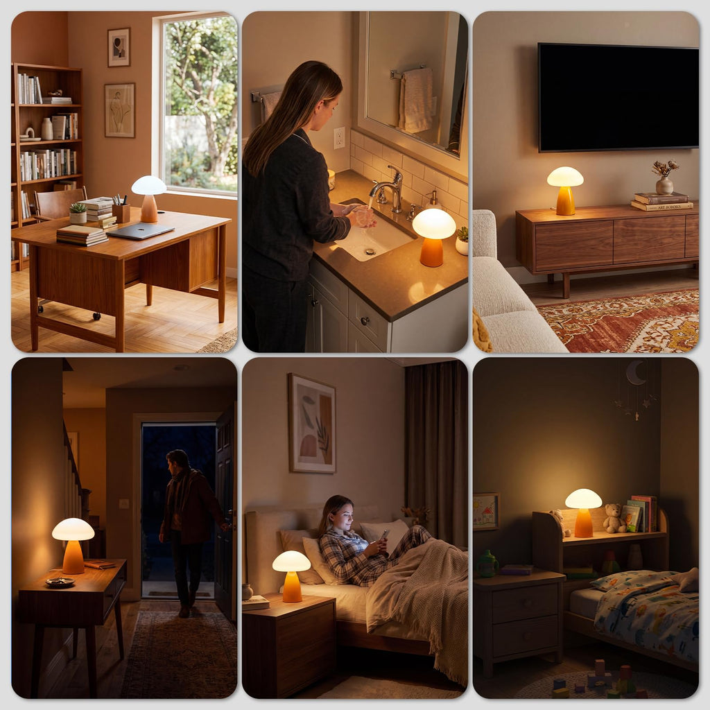 Mushroom Lamp, 3 Color Modes Stepless Dimmable Table Lamp, Retro Bedside Lamp, Nightstand, ABS Plastic Shade and