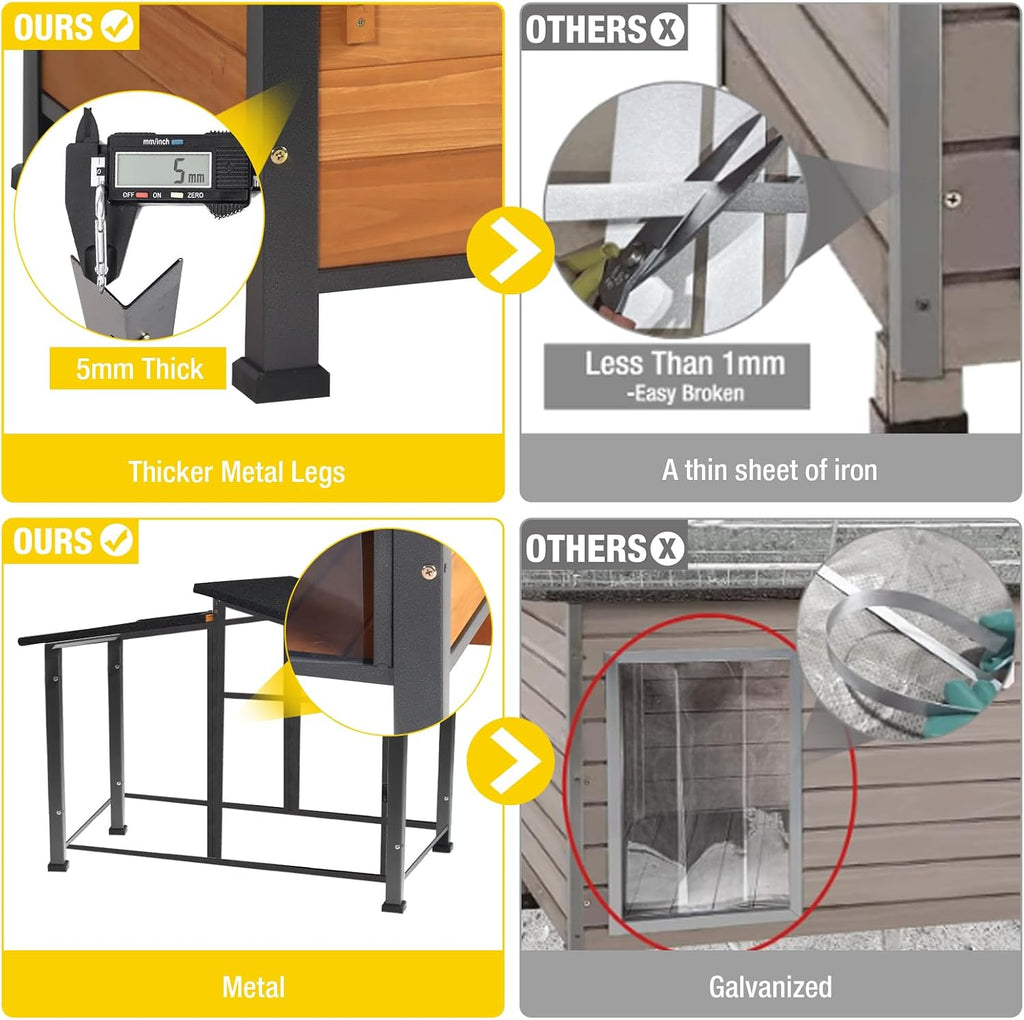 Outside Chew-Resistant Dog House with Metal Frame, Indoor/Outdoor Wooden Dog House with Waterproof Roof and Food