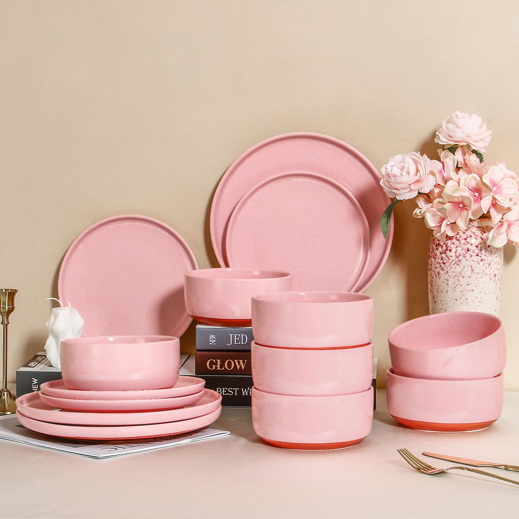 12 Pcs Stoneware Plates and Bowls, Dinnerware Sets for 4, Blush Pink
