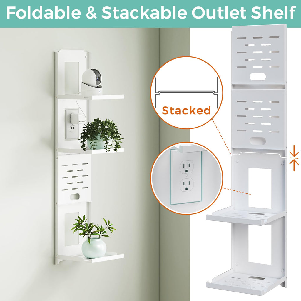 2-Tier Small Router Shelf Wall Mount - 7.5 inch Folding Metal Outlet Shelf w/Cable Holes | Dual-Layer & Stackable