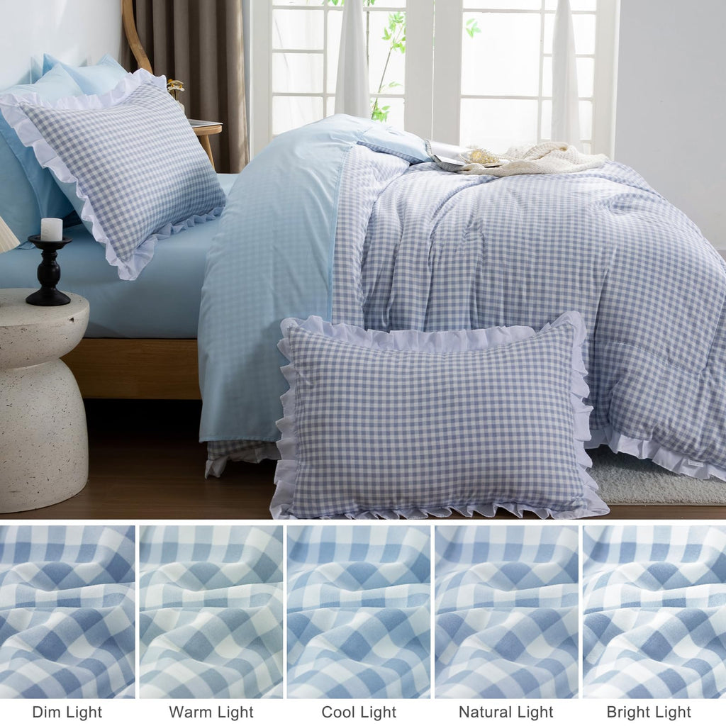 Blue Plaid Ruffle Comforter Sets 5Pcs Bedding