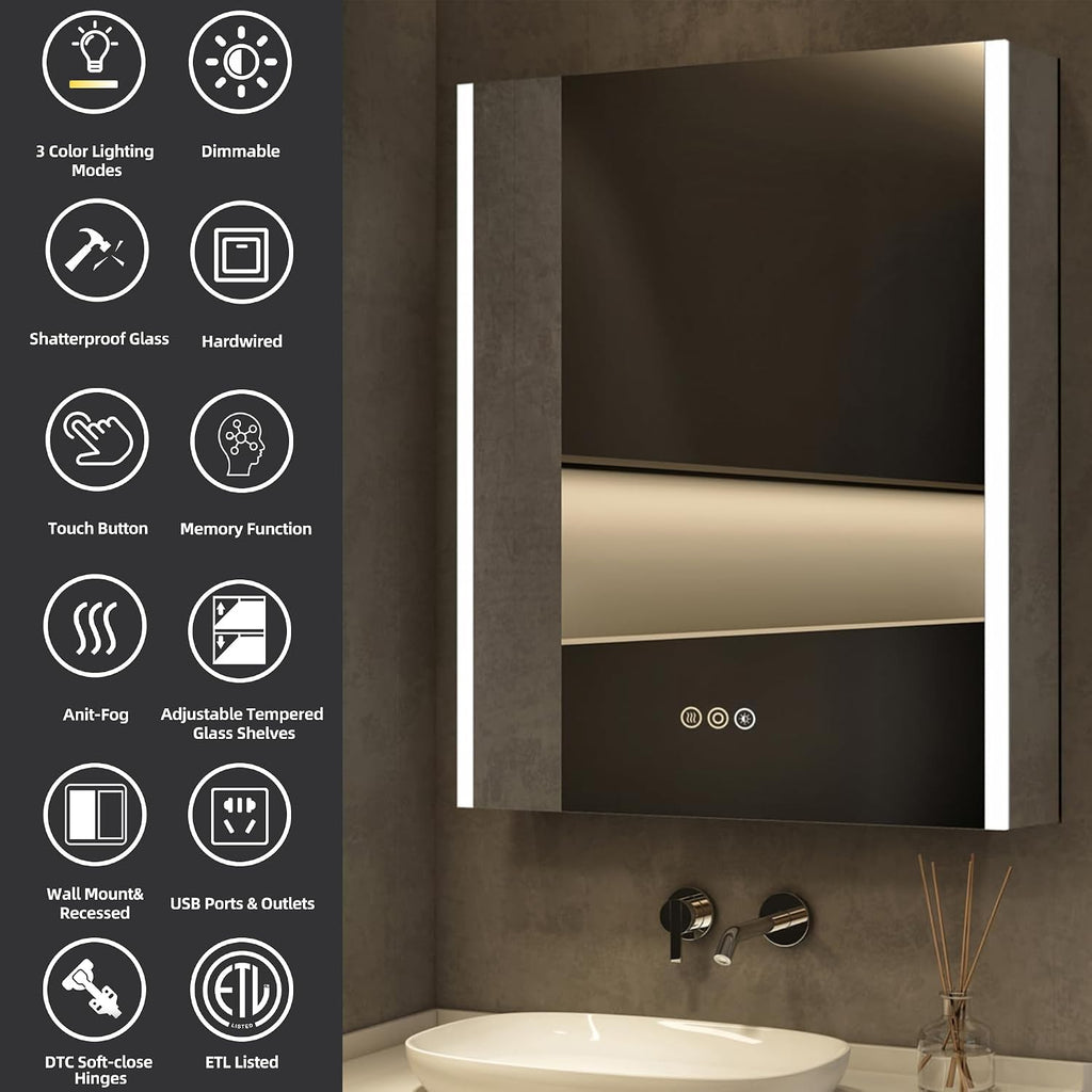 16 x 24 Inch Medicine Cabinet with Mirror and LED Light | Recessed, Wall-Mounted, Dimmable, Anti-Fog, Memory