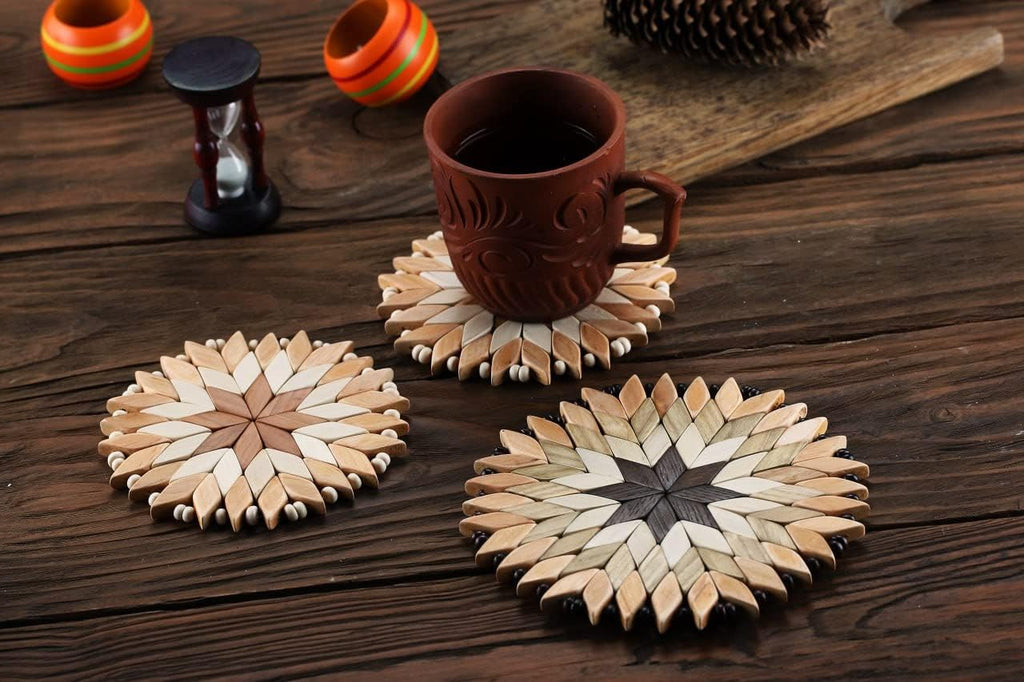 Small Handmade Wooden Trivets for Hot Dishes - Two 6" and one 7"- Coasters and Hot Pads - Great Kitchen Gift - Set of 3