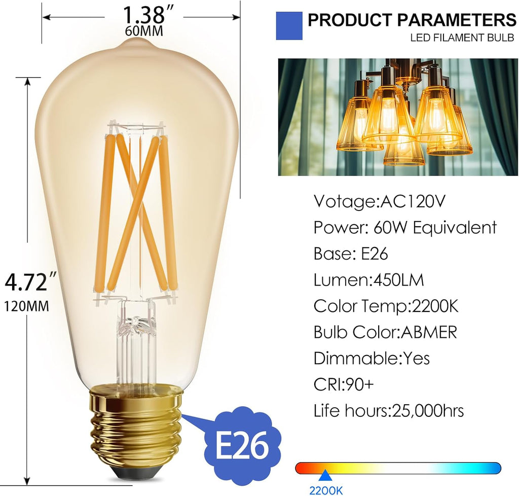 ST19 Filament Amber Glow Vintage Edison Light Bulb Filament Bulb 5W with Amber Glass, 90+ High CRI, Dimmable 2200K