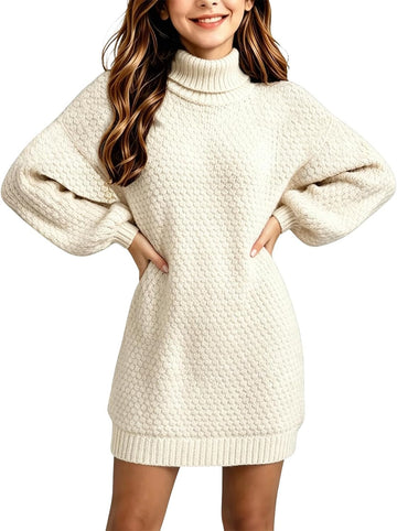 Turtleneck Knit Sweater Dress Lantern Balloon Sleeve Casual Loose Fall Winter Pullover Mini Dresses