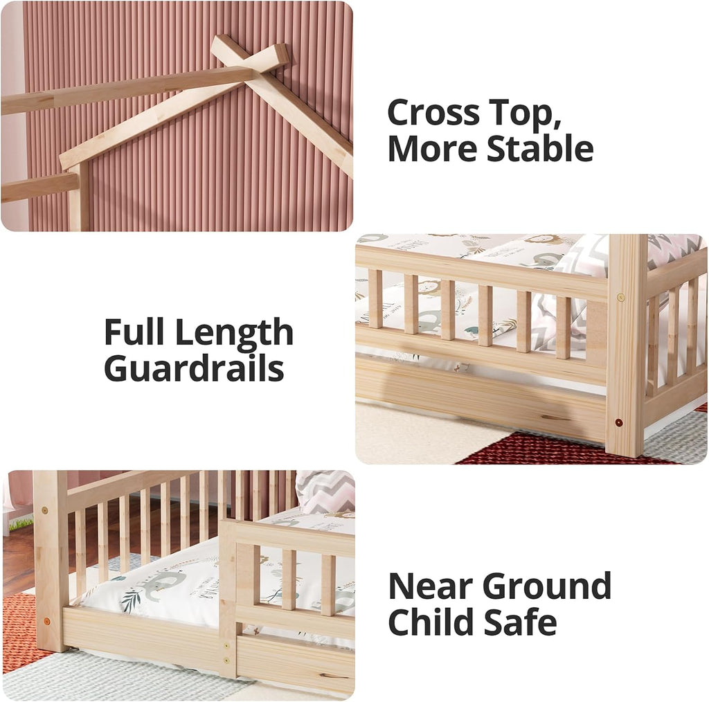 Full Size House Bed with Fence, Wooden Montessori Bed with Slats Support, Floor Bed Frame for Boys Girls Bedroom