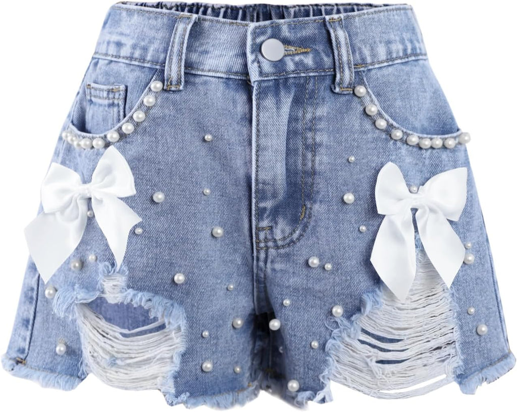 Girls Jean Shorts Pearl Bow Ripped Denim Shorts