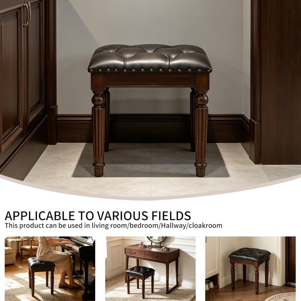 Black Faux Leather Vanity Stool, Backless, Victorian Style