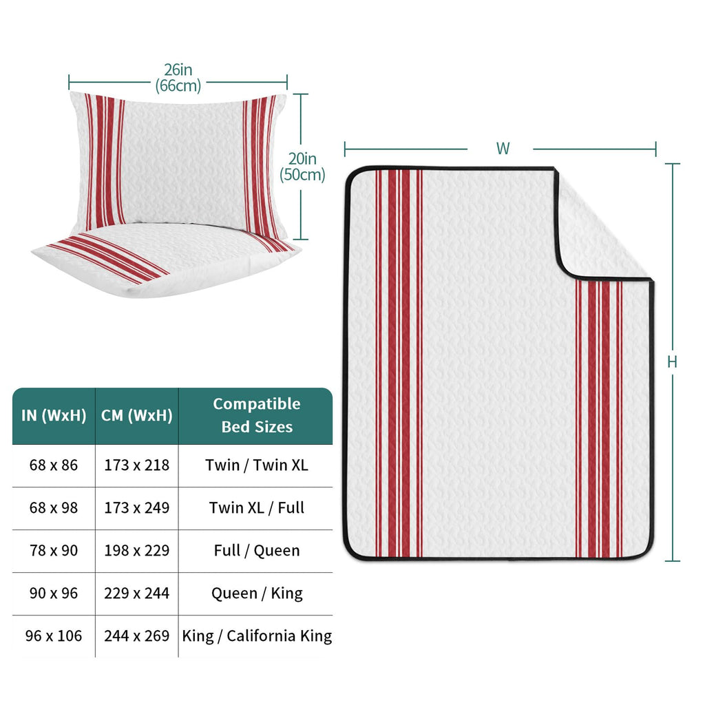 Quilt Set, 3 Piece Bedding Set Red Ticking Vertically Stripe Soft Lightweight Quilt with 2 Pillow