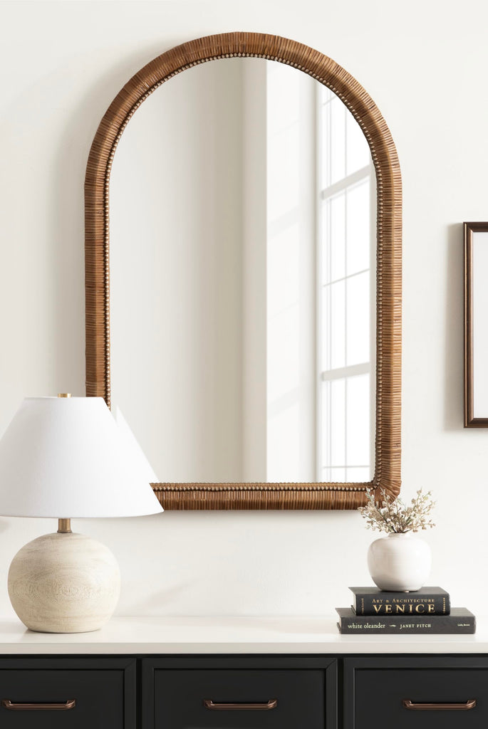 Rahfy Boho Beaded Arched Rattan Wall Mirror, 24 x 36, Dark Natural Wood, Decorative Rounded Arch Mirror with