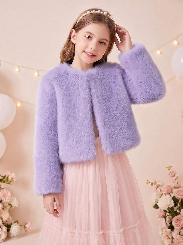 Girls Faux Fur Dress Coat Fluffy Open Front Long Sleeve Jacket