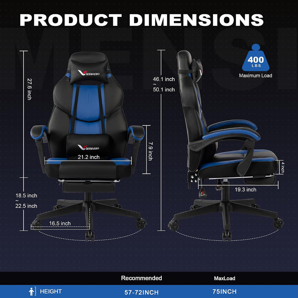 Blue Gaming Chair Big and Tall 400lbs, Ergonomic Office Chair with Pocket Spring Cushion, Retractable Footrest