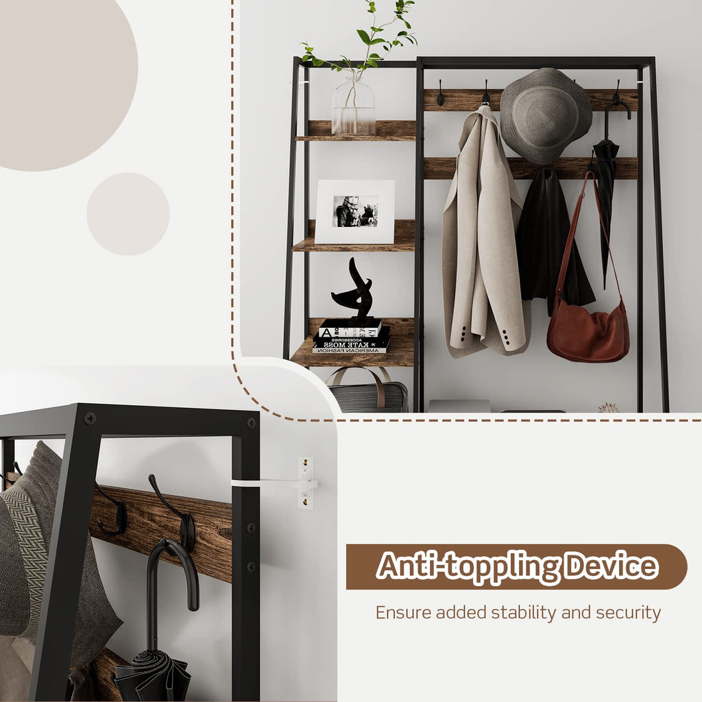 Hall Tree with Bench and Shoe Storage, Industrial Entryway Bench with Coat Rack, 2 Fabric Dressers, 6 Side Shelves, 9