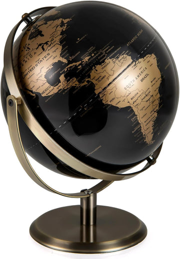 9-Inch Metallic Black World Globe, 720° Rotating Earth Globe w/Metal Stand for Modern Desktop Decoration