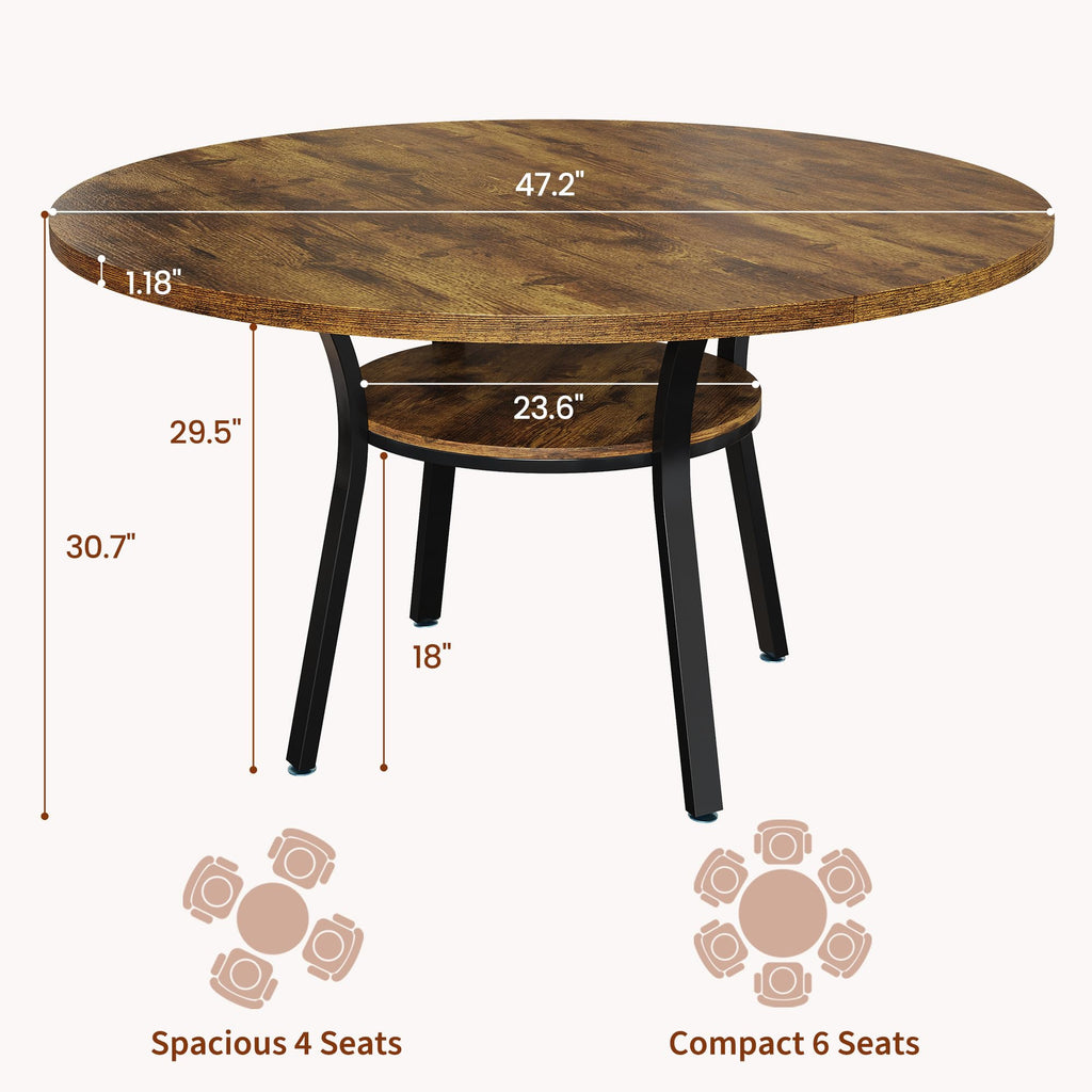 47'' Round Dining Table, Kitchen Table, Dinner Table, Rustic Brown