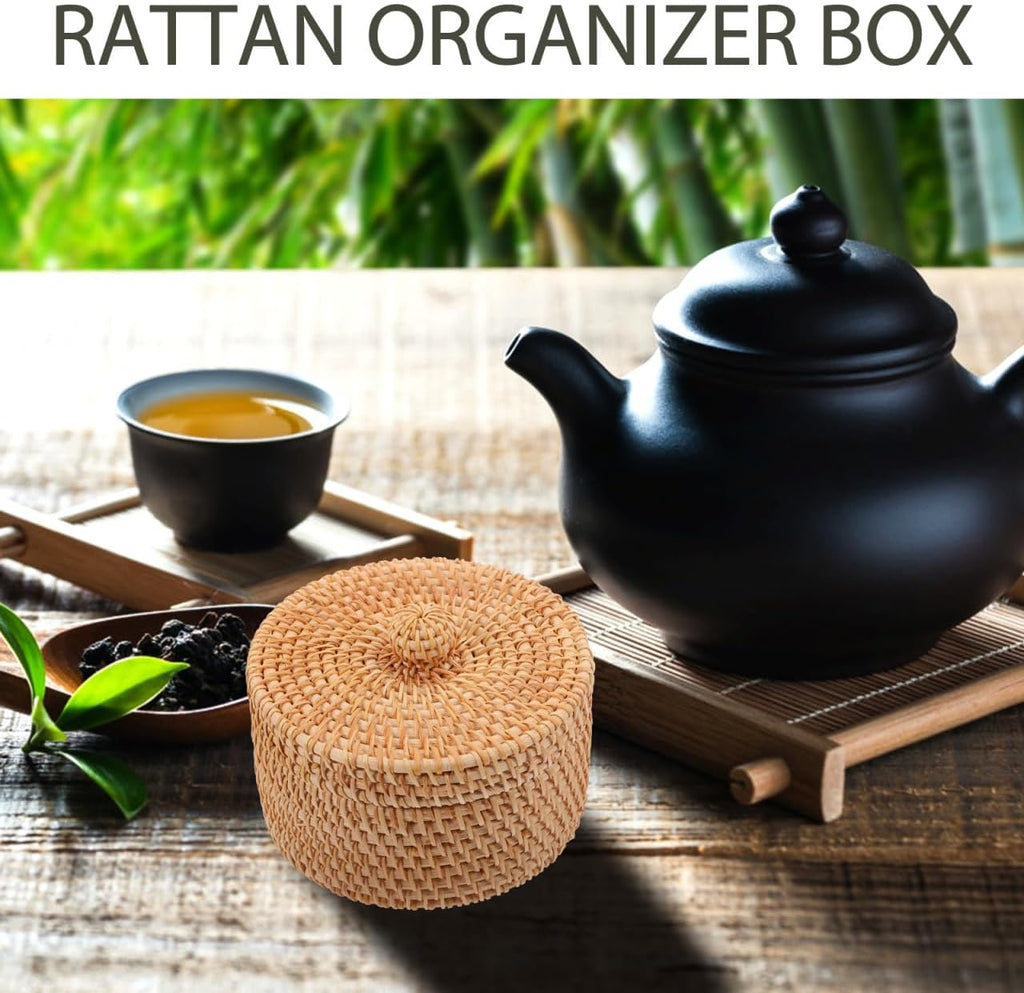 Small Rattan Basket with Lid Round Woven Desktop Storage Box for Makeup Jewelry and Sundries Compact Organizer