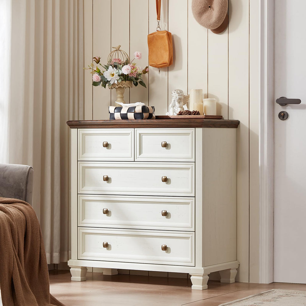 Farmhouse 5 Drawer Dresser Set of 2, 32.6 Inch Tall Modern Chest of Drawers, Mid Century Small Dressers w/Square