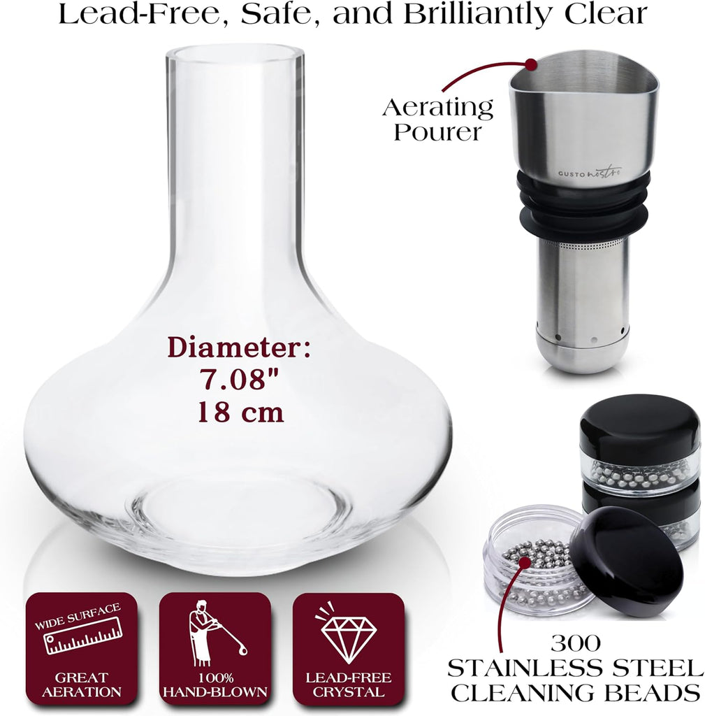 Crystal Wine Decanter with Aerator Pourer - Premium Hand-blown Lead-free Glass Wine Decanter Set for Red Wines