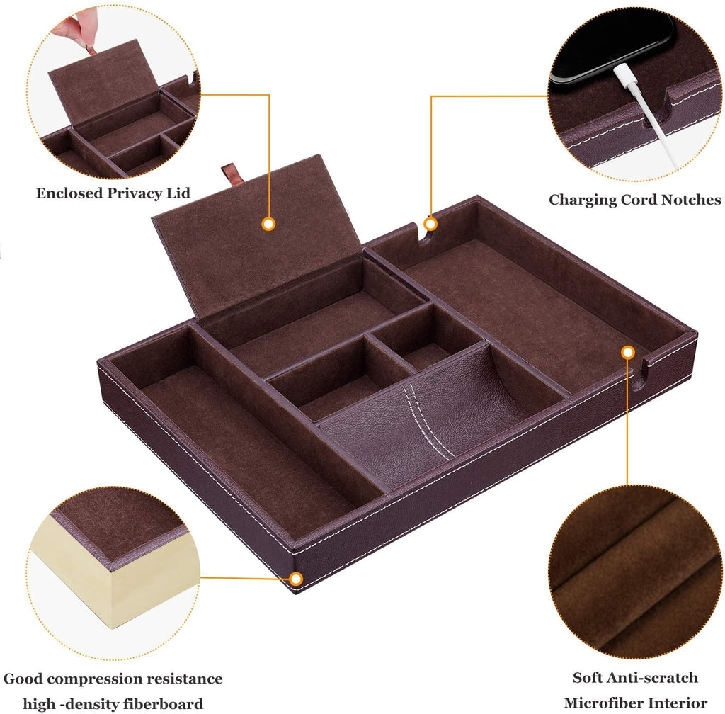 Mens Nightstand Organizer, Leather Valet Tray for Men, EDC Catchall Tray with Phone Charging Station, Dresser Top