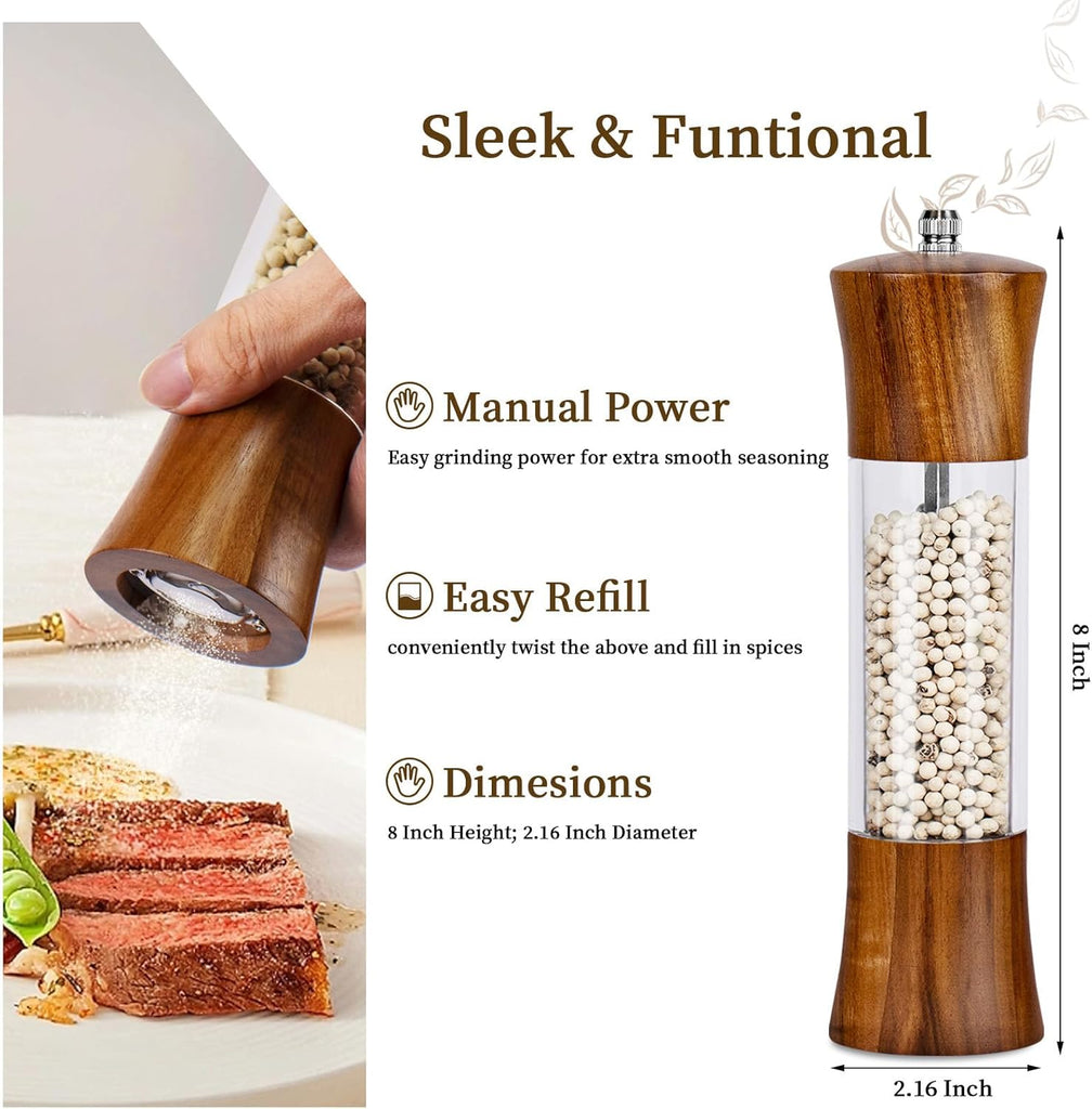 Acacia Wood Premium Acrylic Salt and Pepper Grinder Set 8 Inches - Set of 2