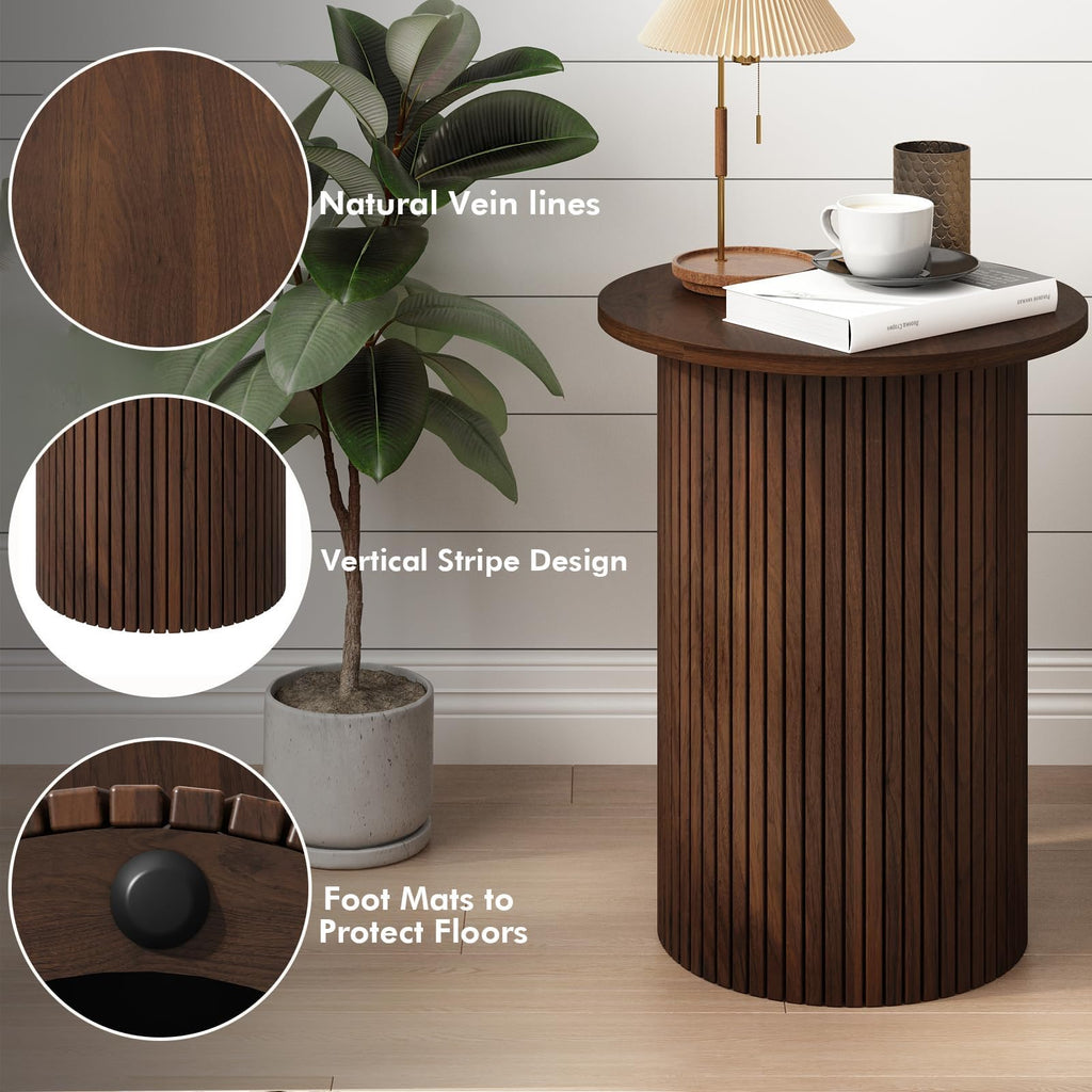 Round Fluted End Table, Small Accent Pedestal Side, Brown