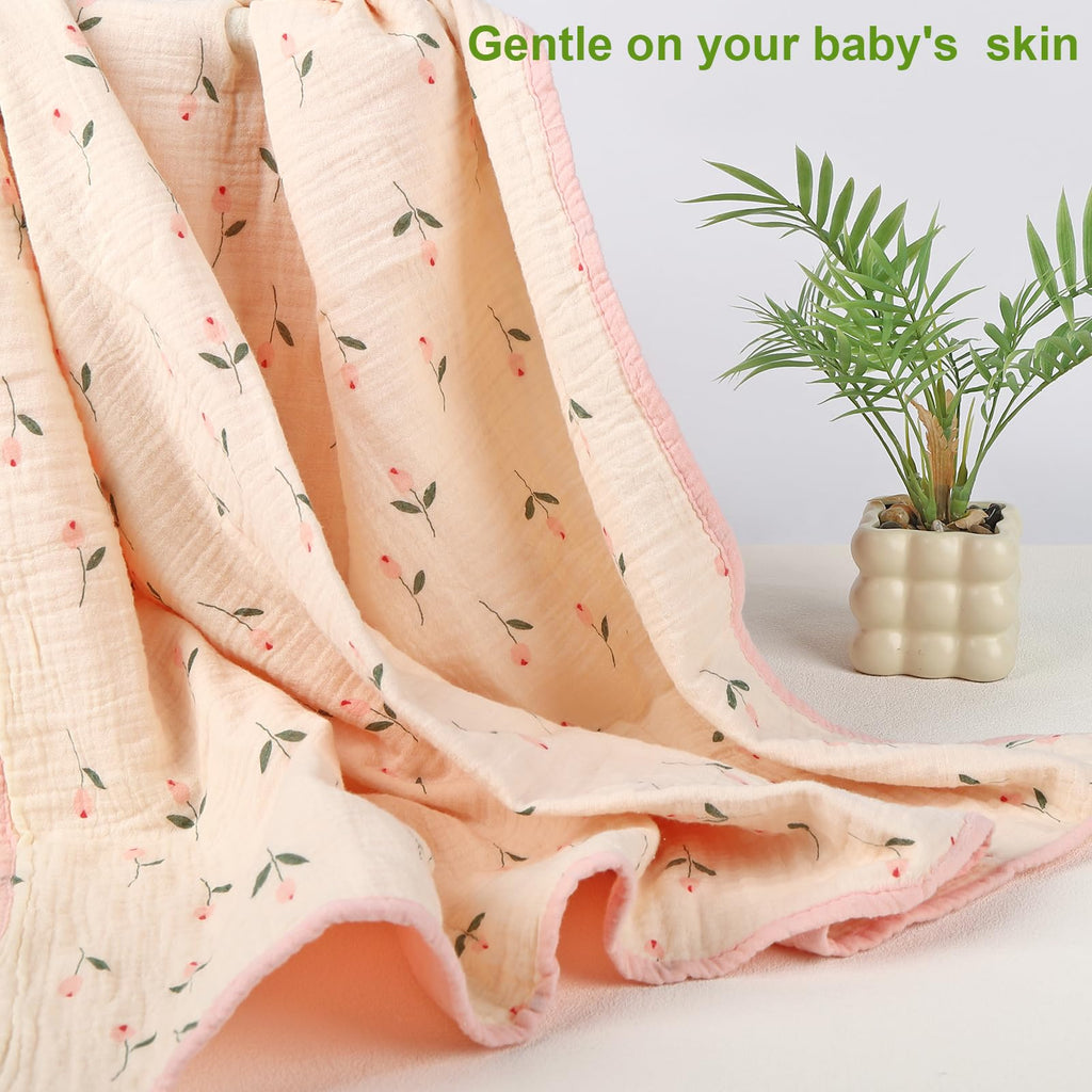 Muslin Baby Blanket Crib Blanket, Double-Sided for Girls, 40x40 Inch - Pink & Floral Print Quilt Blankets, Soft