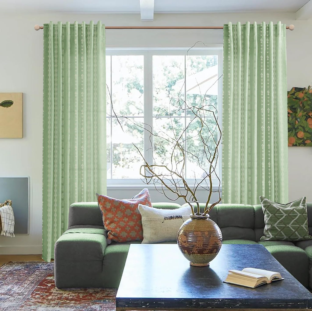 Sage Green Whimsical Sheer Linen Curtains, Boho Floral Striped Gingham Inspired Patterned Drapes Living Room Office