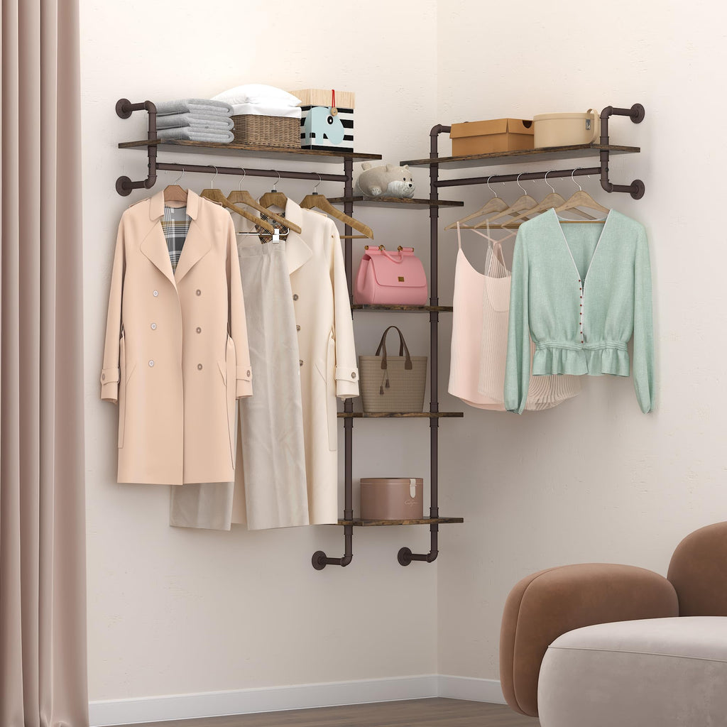 5-Tiers 74inch Large Rustic Industrial Pipe Floating Shelving, Wall Mounted Heavy Duty Clothes Rack with Double