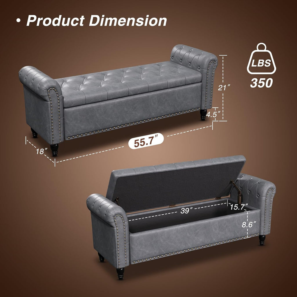 55 Inch Bedroom Bench, End of Bed Bench with Storage, Grey | Bed Benches for Foot of Bed, Faux Leather Window Bench